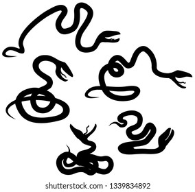 Snake silhouette movement set black, vector illustration, horizontal, over white, isolated