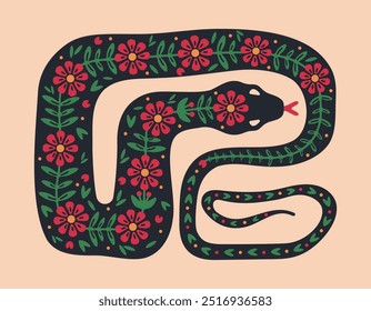 Silhueta de cobra. Cobra ornamental venenosa, colorido chinês Ano Novo sinal zodíaco cobra ilustração vetor plana. Serpente desenhada à mão com padrão de flor