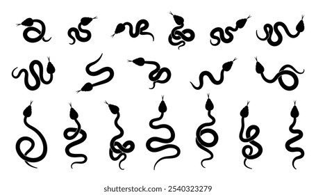 Conjunto de silhuetas de cobra. Cobras pretas em poses diferentes rastejam, mexem-se. Python, coleção de répteis víbora. Ilustração vetorial isolada no plano de fundo branco