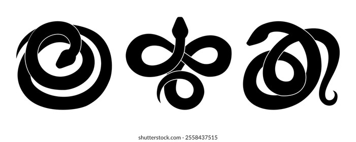 Snake silhouette. Set of black snakes isolated on white background. 2025 Chinese New Year symbol. Vector illustration