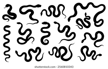 Snake silhouette set. Collection of black snake shapes in various positions. Perfect for tattoos, logos, patterns, posters, stickers, and design projects.