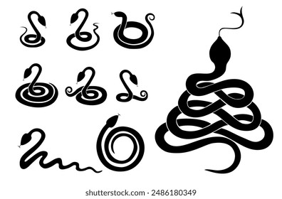 Snake silhouette set. Collection of snakes isolated on White background. big set of Snake silhouettes vector on white background.  2025 Chinese Year of the Snake. Vector illustration