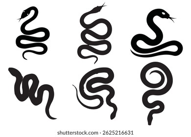 Snake silhouette set. Isolated snake silhouette on white background. The set silhouettes of wild snakes.