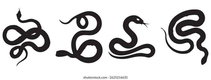 Snake silhouette set. Isolated snake silhouette on white background. The set silhouettes of wild snakes.