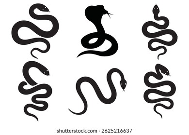 Snake silhouette set. Isolated snake silhouette on white background. The set silhouettes of wild snakes.