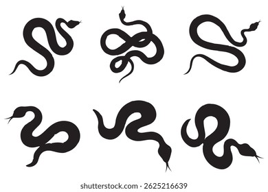 Snake silhouette set. Isolated snake silhouette on white background. The set silhouettes of wild snakes.