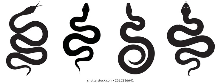 Snake silhouette set. Isolated snake silhouette on white background. The set silhouettes of wild snakes.