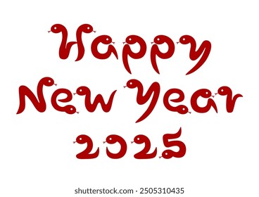 Snake silhouette typography. Happy New Year 2025. Vector illustration. Red alphanumeric letters on white background.
