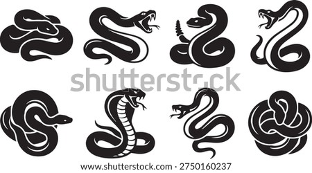 Snake Silhouette Vector Collection: Cobra, Rattlesnake, and Viper Illustrations for Logos, Tattoos, and Mascot Design