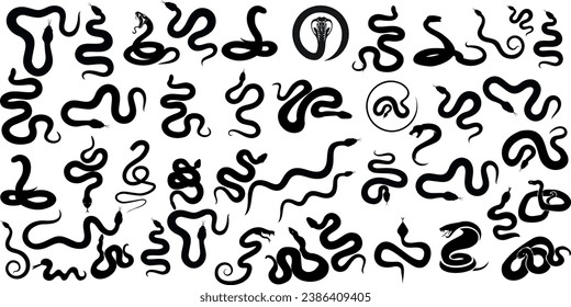Snake Silhouette Vector Illustration, Features various snake shapes, sizes. Ideal for reptile, serpent themes. Python, rattlesnake, cobra, viper, anaconda, boa constrictor depicted svg