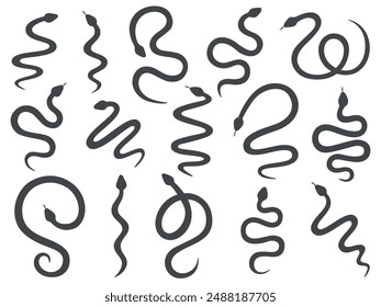 Snake silhouettes set. Black color snakes with different shapes. Wild animals or nature theme. Vector illustration on white background. 