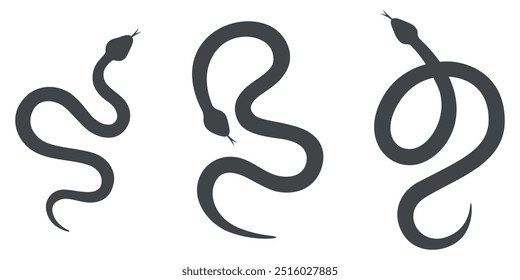 Snake silhouettes set. Black color hand drawn snakes collection with different shapes. Wild animals or nature theme. Symbol of 2025 Chinese New Year. Vector illustration on white background. 