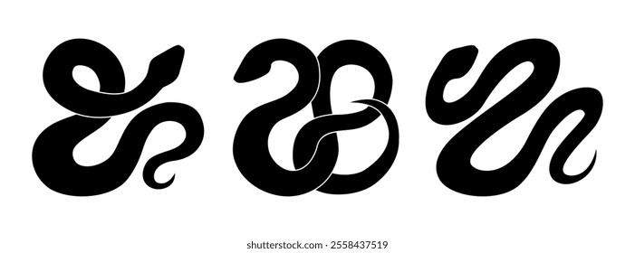 Snake silhouettes set. Black snakes isolated on white background. Chinese 2025 New Year symbol. Vector illustration