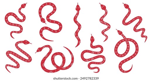 Conjunto de siluetas de serpiente. Serpientes dibujadas a mano de color rojo con diferentes Formas. Animales salvajes, año del zodiaco o tema de la naturaleza. Símbolo del Nuevo año chino 2025. Ilustración vectorial. 