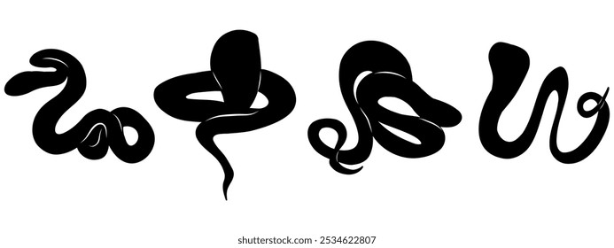 Conjunto de siluetas de serpiente. Serpientes de color blanco y negro, serpientes dibujadas a mano en diferentes Formas. Ilustración vectorial sobre fondo blanco. 