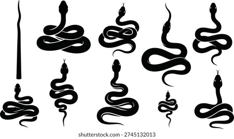 Snake silhouettes in various coiled and upright positions, stylized reptile vector icons for design, tattoo art, symbolic illustration, decorative use