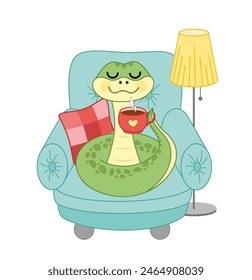 Snake is sitting on the blue chair and drinking coffee. Cartoon, Isolated vector illustration eps 10