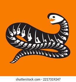 Snake Skeleton Halloween Party Sticker Vector. October Scary Holiday Of Death Day Decoration In Mystic Animal Form. Skull And Bone Of Spooky Reptile Python Flat Cartoon Illustration