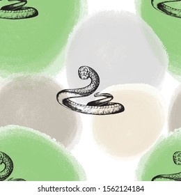 Snake sketch and pastel shapes seamless pattern. Animal background 
