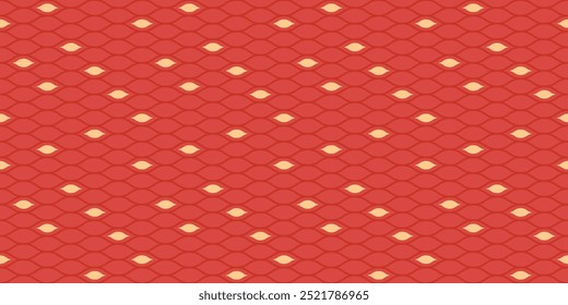 Snake skin background. Seamless pattern of squama, reptile scale. Chinese minimalistic grid art. Serpent surface texture in red and gold colors. Asian geometric ornament. Vector illustration