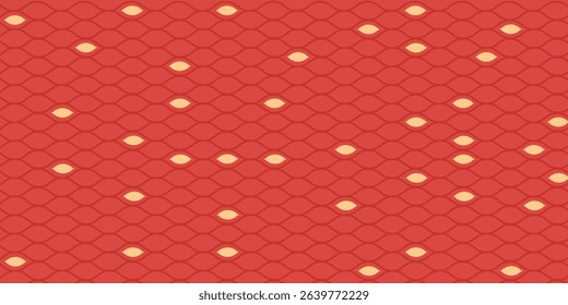 Snake skin background. Seamless pattern of squama, reptile scale. Chinese minimalistic grid art. Serpent surface texture in red and gold colors. Asian geometric ornament