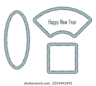 Snake Skin Frame Set, doodle hand drawn paint brush wave line border, blue grey tones colour. Square ellipse shape. Decorative graphic. Happy New Year wish, empty space for text. Vector illustration