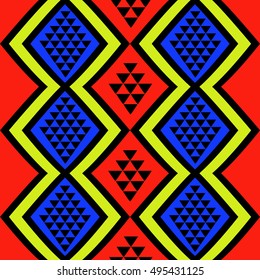 Snake skin geometric seamless pattern in red, blue, yellow and black colors. Snakeskin pattern in tribal art style. Good for design of background, wallpaper, banner, poster, scrapbook. Vector.