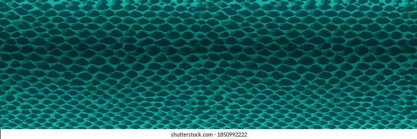 Snake skin green seamless vector texture. Blue and green tone colors snake pattern ornament for textile fabric. Artificial reptile leather pattern with brush strokes and gold details.