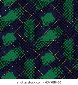 Snake skin green seamless vector texture. Blue and green tone colors snake pattern ornament for textile fabric. Artificial reptile leather pattern with brush strokes and gold details.