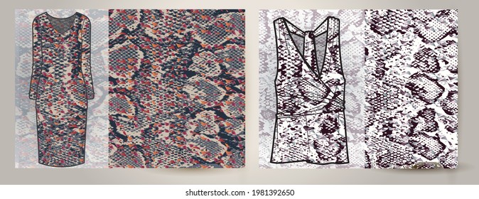Snake skin pattern texture repeating seamless vector. Texture snake on women's dress mockup. Animal print, snake skins design textile