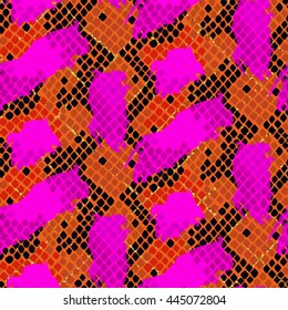 Snake skin red seamless vector texture. Red and pink tone colors snake pattern ornament for textile fabric. Artificial reptile leather pattern with brush strokes and gold details.