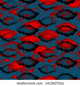 Snake skin scales texture. Seamless pattern red burgundy black on blue background. simple ornament, fashion print and trend of the season Can be used for Gift wrap, fabrics, wallpapers. Vector