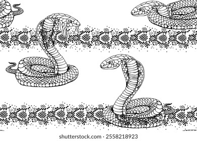 Snake and snake skin seamless pattern. Background with hand drawn serpent linear vector illustration. 