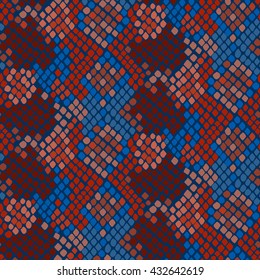 Snake skin seamless vector texture. Blue and red tone colors snake pattern ornament for textile fabric. Artificial reptile leather pattern.