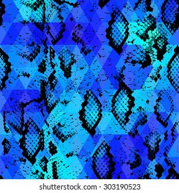 Snake skin texture  with colored rhombus. Geometric background. Seamless pattern black blue background, colorful psychedelic geometric mosaic ornament triangle. Vector
