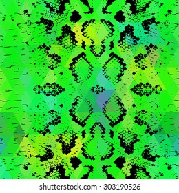 Snake skin texture  with colored rhombus. Geometric background. Seamless pattern black green background, colorful psychedelic geometric mosaic ornament triangle. Vector