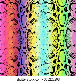 Snake skin texture  with colored rhombus. Geometric background. Seamless pattern black rainbow blue green purple pink yellow background, colorful psychedelic geometric mosaic ornament triangle. Vector