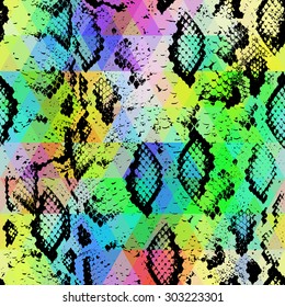 Snake skin texture  with colored rhombus. Geometric background. Seamless pattern black rainbow green purple blue yellow background, colorful psychedelic geometric mosaic ornament triangle. Vector
