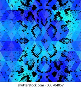 Snake skin texture  with colored rhombus. Geometric background. Seamless pattern black blue background, colorful psychedelic geometric mosaic ornament triangle. Vector