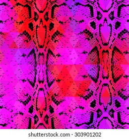 Snake skin texture  with colored rhombus. Geometric background. Seamless pattern black lilac pink red background, colorful psychedelic geometric mosaic ornament triangle. Vector