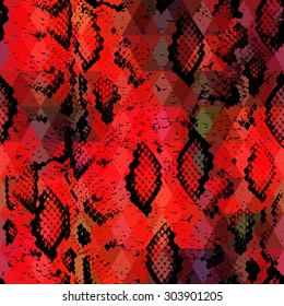 Snake skin texture  with colored rhombus. Geometric background. Seamless pattern black red background, colorful psychedelic geometric mosaic ornament triangle. Vector