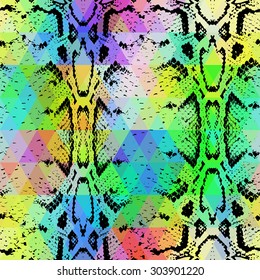 Snake skin texture  with colored rhombus. Geometric background. Seamless pattern black rainbow green purple blue yellow background, colorful psychedelic geometric mosaic ornament triangle. Vector 