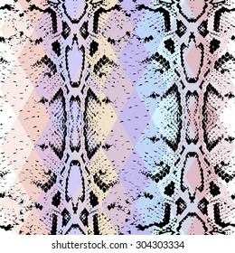 Snake skin texture  with colored rhombus. Geometric background. Seamless pattern black purple blue pink background, colorful psychedelic geometric mosaic ornament triangle. Vector