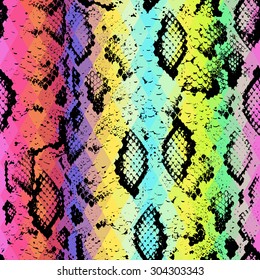 Snake skin texture  with colored rhombus. Geometric background. Seamless pattern black rainbow blue green purple pink yellow background, colorful psychedelic geometric mosaic ornament triangle. Vector