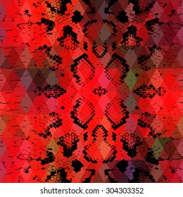 Snake skin texture  with colored rhombus. Geometric background. Seamless pattern black red background, colorful psychedelic geometric mosaic ornament triangle. Vector
