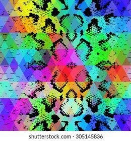 Snake skin texture  with colored rhombus. Geometric background. Seamless pattern black rainbow green purple blue yellow background, colorful psychedelic geometric mosaic ornament triangle. Vector