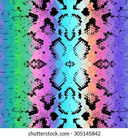 Snake skin texture  with colored rhombus. Geometric background. Seamless pattern black rainbow green purple blue yellow background, colorful psychedelic geometric mosaic ornament triangle. Vector