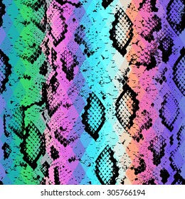 Snake skin texture  with colored rhombus. Geometric background. Seamless pattern black rainbow green purple blue yellow background, colorful psychedelic geometric mosaic ornament triangle. Vector