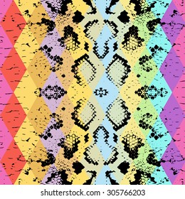 Snake skin texture  with colored rhombus. Geometric background. Seamless pattern black rainbow green purple blue yellow background, colorful psychedelic geometric mosaic ornament triangle. Vector