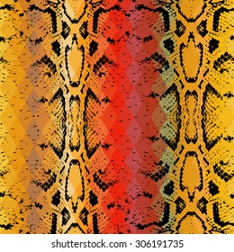 Snake skin texture  with colored rhombus. Geometric background. Seamless pattern black brown yellow red background, colorful psychedelic geometric mosaic ornament triangle. Vector